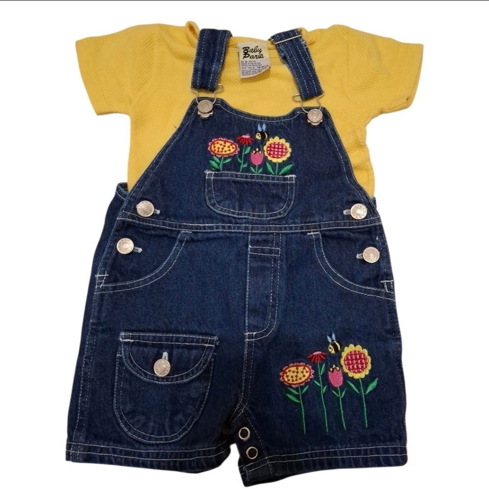 Vintage Y2k baby Girl Yellow Top & Blue Floral Bumble Bee overalls shortalls 18M